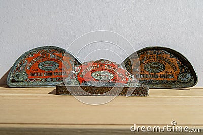 Mortadella boxes from the 50s, Fico eataly world Editorial Stock Photo