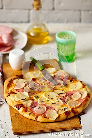 Mortadella and Potato Pizza.. Stock Photo