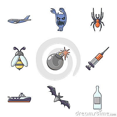 Mortal danger icons set, cartoon style Vector Illustration