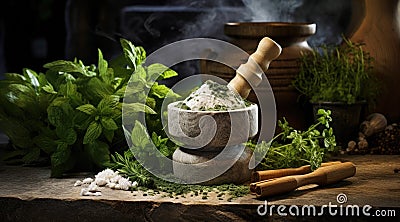 Mortar with aromatic kitchen herbs on wooden table. Generative AI Stock Photo