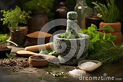 Mortar with aromatic kitchen herbs on wooden table. Generative AI Stock Photo