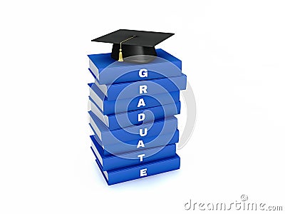 Mortar board on stack of blue graduate book isolated on white w Stock Photo