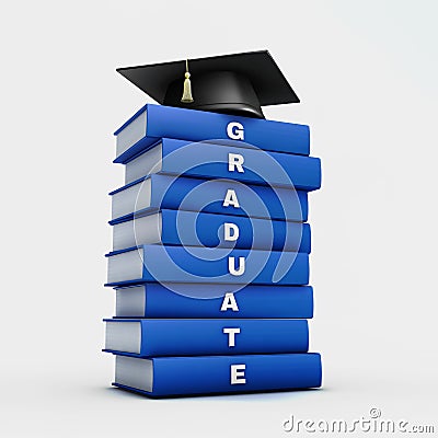 Mortar board on stack of blue graduate book isolated on white w Stock Photo