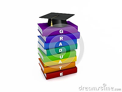 Mortar board on stack of rainbow graduate book isolated on white Stock Photo