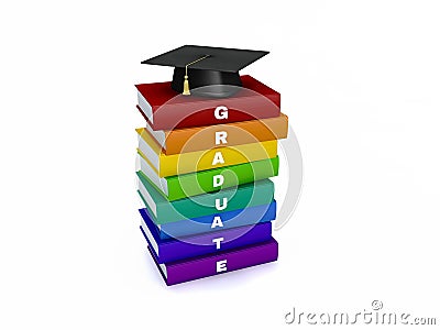 Mortar board on stack of rainbow graduate book isolated on white Stock Photo