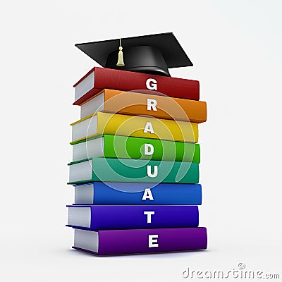 Mortar board on stack of rainbow graduate book isolated on white Stock Photo