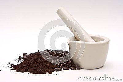 Mortar, coffee beans and grind Stock Photo