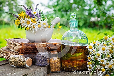 Mortar of healing herbs, bottles of healthy essential oil or infusion and dry medicinal herbs, old books. Stock Photo