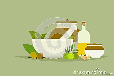 Mortar and herbal ingredients of Ayurveda. Vector Illustration