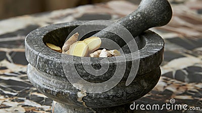 A mortar and pestle grinding up fresh ginger root an essential ingredient in many Chinese remedies for its Stock Photo