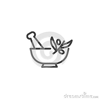 Mortar and pestle with herbal leaf line icon Vector Illustration