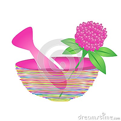 Mortar and pestle with herbal leaf and pink flower Vector Illustration