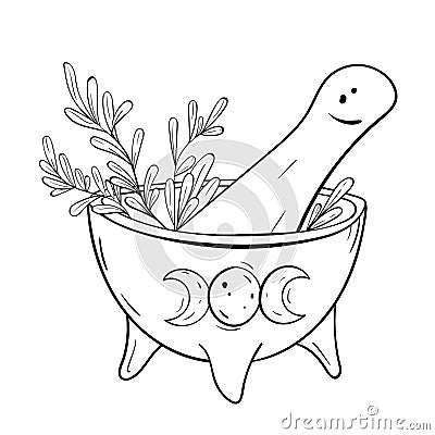 Mortar and Pestle with herbs, triple moon symbol. Witch kitchen. Hand drawn line art Stock Photo