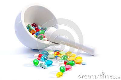 Mortar and pestle with pills Stock Photo