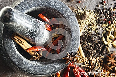 Mortar and Pestle with Spices Stock Photo