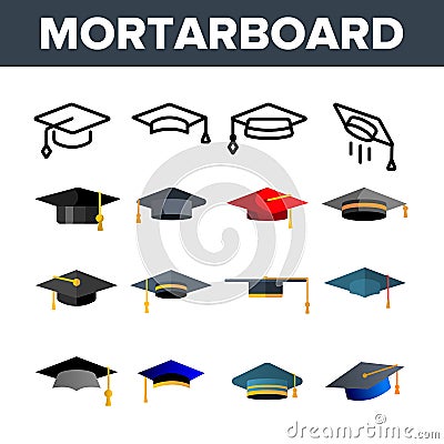 Mortarboard, Academic Cap Vector Color Icons Set Vector Illustration