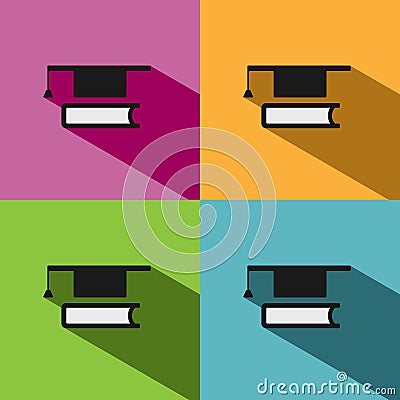 Mortarboard with book icon on colored backgrounds Vector Illustration