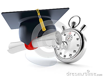 Mortarboard with certificate and stopwatch Cartoon Illustration