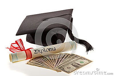 Mortarboard and dollars. education costs Stock Photo