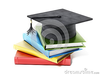 Mortarboard standing on book stack. 3D illustration Cartoon Illustration