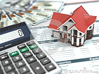 Mortgage calculator. House, noney and document. Stock Photo