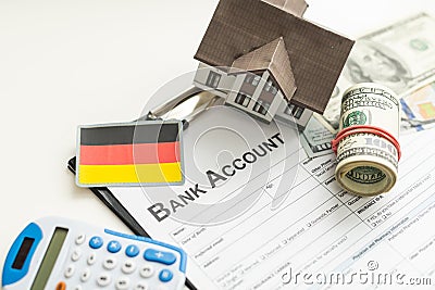 Mortgage calculator. House, noney and document. 3d Stock Photo