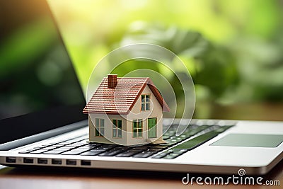 Mortgage concept with a house model on a laptop keyboard against a green nature background. Real estate, finance, and eco- Stock Photo