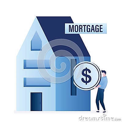 Mortgage concept. Male character puts dollar coin in house or bank building. Monthly loan payment. Credit slavery, bank debt Vector Illustration