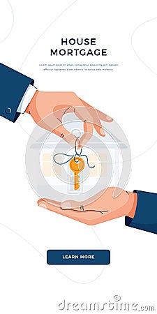 Mortgage concept. Male hands giving keys for property buying. Deal sale, mortgage loan, real estate, dealing house Vector Illustration