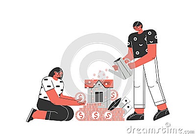 Mortgage concept. A young couple invests money in their homes, in real estate. Profitable mortgages. Vector Illustration