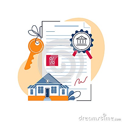 Mortgage contract concept. Signing paper agreement, document with house keys, bank stamp, mortgage rate. Simple Vector Illustration