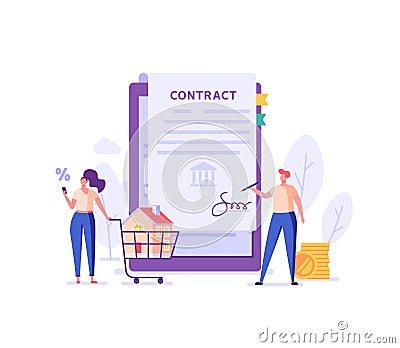 Mortgage Contract. Family Buying Home and Signing Loan Agreement. Mortgage Application Form. Concept of Purchase Real Estate, Buy Vector Illustration