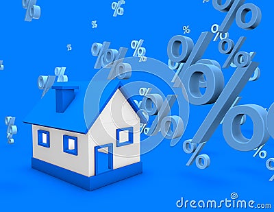 Mortgage credit concept with house and percent symbol 3D illustration. Stock Photo