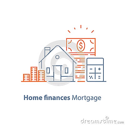 Mortgage down payment, home loan, low interest rate, calculator line icon Vector Illustration