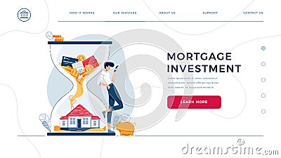 Mortgage investment homepage template. Investor awaits a generating profit from long-term investing. Rising housing Vector Illustration