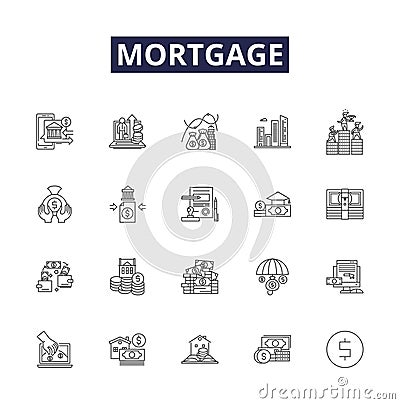 Mortgage line vector icons and signs. Debt, Repayment, House, Home, Lender, Banking, Refinancing, Interest outline Vector Illustration
