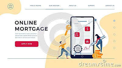 Mortgage online landing page. Borrowers sign loan contract by e-signature. People affix an electronic signature to Vector Illustration