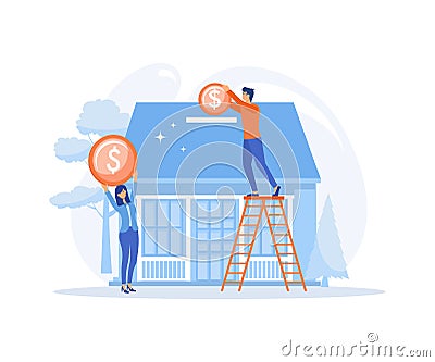 Mortgage process, Characters buying property with mortgage, receiving bank approval, signing contact and legal documents Vector Illustration