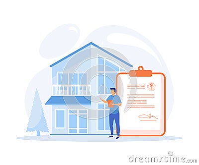Mortgage process, Characters buying property with mortgage, receiving bank approval, signing contact and legal documents Vector Illustration