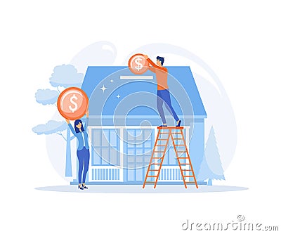 Mortgage process, Characters buying property with mortgage, receiving bank approval, Vector Illustration