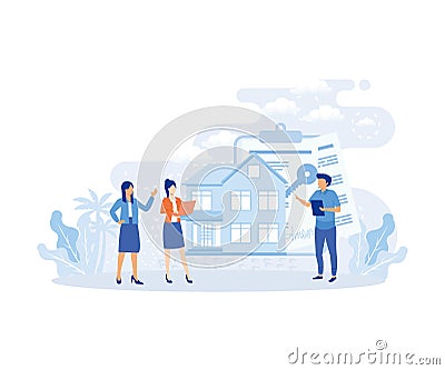 Mortgage process illustration. Characters buying property with mortgage, receiving bank approval, signing contact and legal Vector Illustration