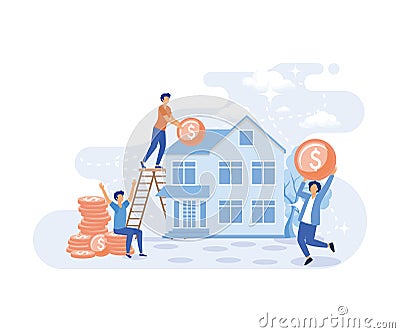 Mortgage process illustration. Characters buying property with mortgage, receiving bank approval, signing contact and legal Vector Illustration