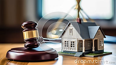 Mortgage Violation Dispute Judge's Gavel and Miniature House Concept - Generative AI Cartoon Illustration