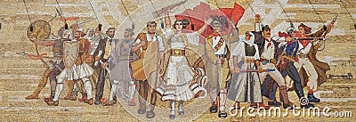 Mosaic above the National History Museum featuring Socialist propaganda and heroic revolutionary, Tirana Editorial Stock Photo