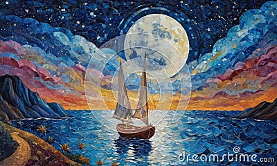 Mosaic art boat in a quiet night cove Stock Photo
