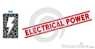 Battery Mosaic and Scratched Electrical Power Watermark with Lines Vector Illustration