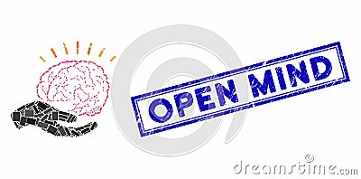 Rectangle Mosaic Brain Education Offer with Distress Open Mind Seal Vector Illustration