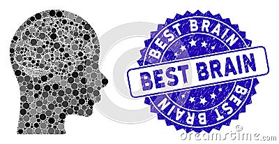 Mosaic Brain Icon with Grunge Best Brain Seal Vector Illustration