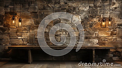 Mosaic brick wall with wooden settle interior. Generative AI Stock Photo