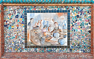 Mosaic of broken pottery and ceramics painting Stock Photo